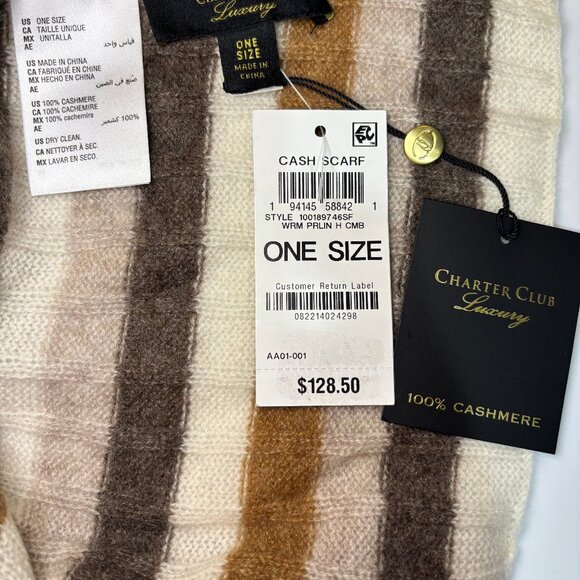 NWT Charter Club Cashmere Stripe Muffler - Warm Praline OS - Picture 4 of 5